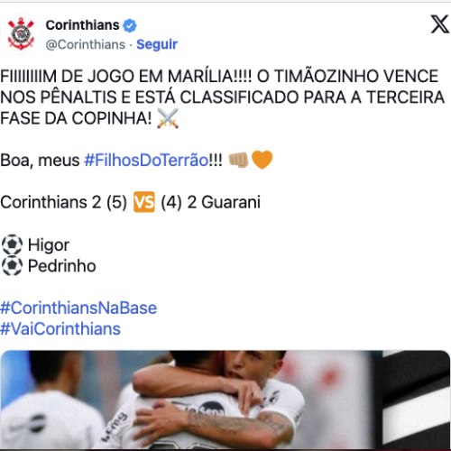 Corinthians supera Guarani nos pênaltis e segue vivo na Copinha