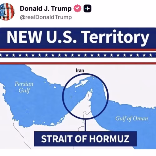 Imagem compartilhada pelo presidente dos Estados Unidos, Donald Trump, em 18 de agosto de 2026, mostra Estreito de Ormuz como 'novo território dos EUA. — Foto: Reprodução/Casa Branca no X