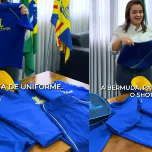 Registro do lançamento dos novos uniformes pela prefeita Adriane Lopes. Foto: Reprodução/Redes Sociais